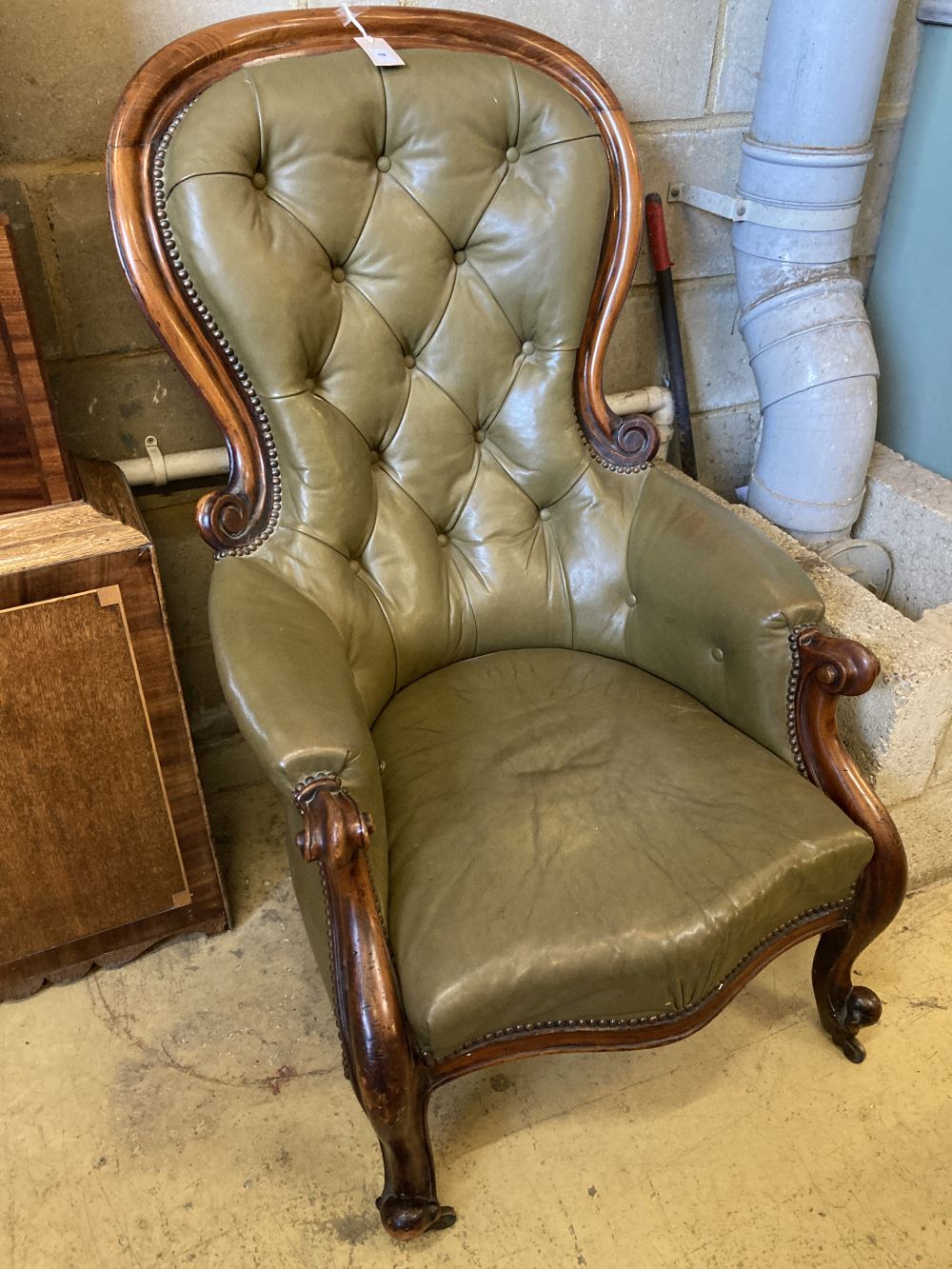 A Victorian carved and moulded showood frame spoonback armchair on scrolled legs, upholstered in buttoned green hide, width 68cm, heigh